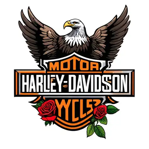 a black realistic shaded Harley Davidson logo with soft  shaded a rose and a beautiful realism eagle tattoo design idea