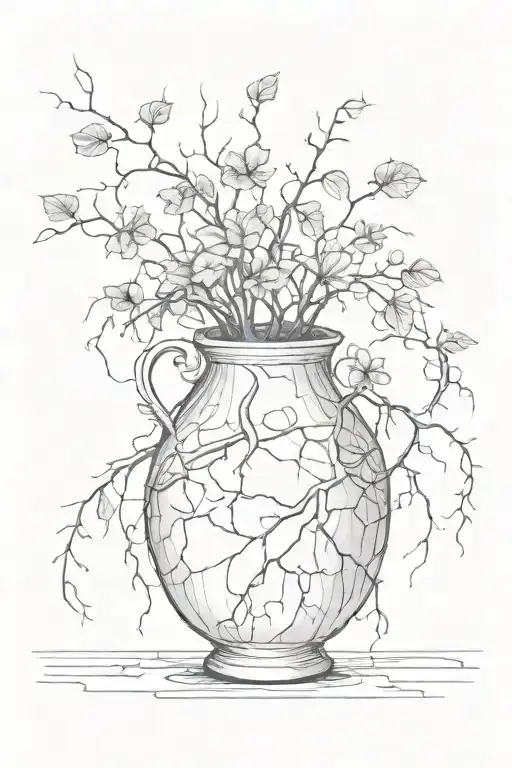 vase with cracks with vine growing out of it, the roots pushing out some of the bottom tattoo design idea