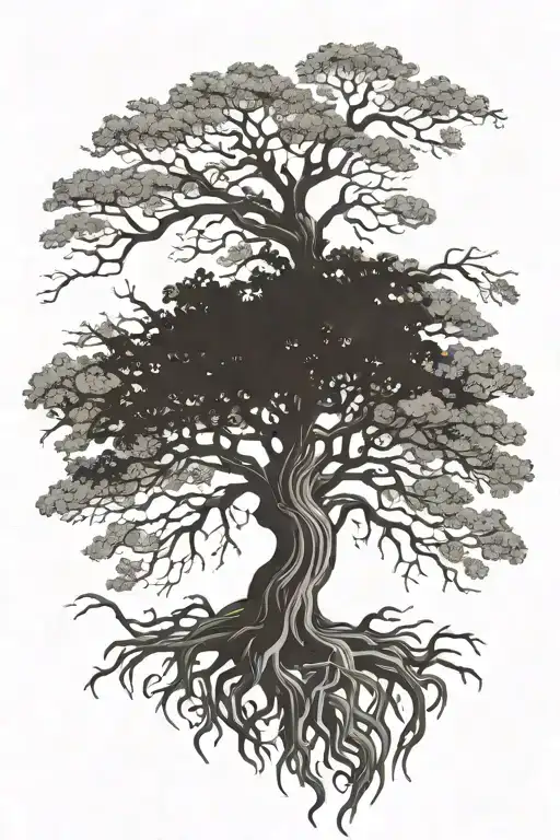 oak tree with roots tattoo design idea