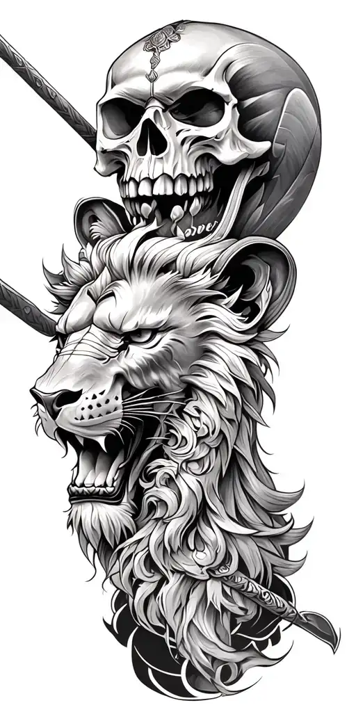 Skull Lion And Samurai warrior tattoo design idea
