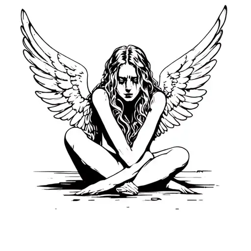 fallen angel sitting crying tattoo design idea
