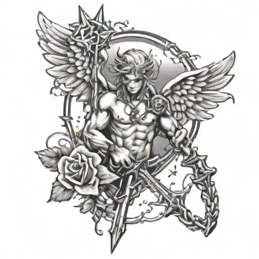 Lightning Cupid cross rosary tattoo design idea