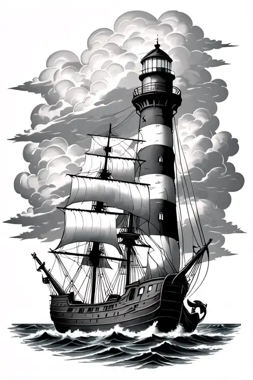 cape hatteras lighthouse, pirate ship, anchor, ominous clouds  tattoo design idea