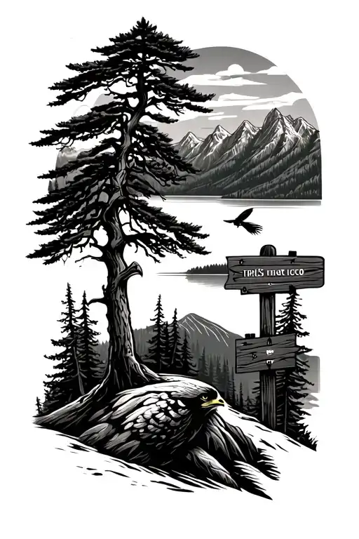 a big needle tree with lake and mountain ridge line in the back. also a hawk some trail signs downhill ahead  tattoo design idea