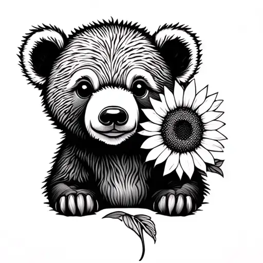 baby bear with sunflower tattoo design idea