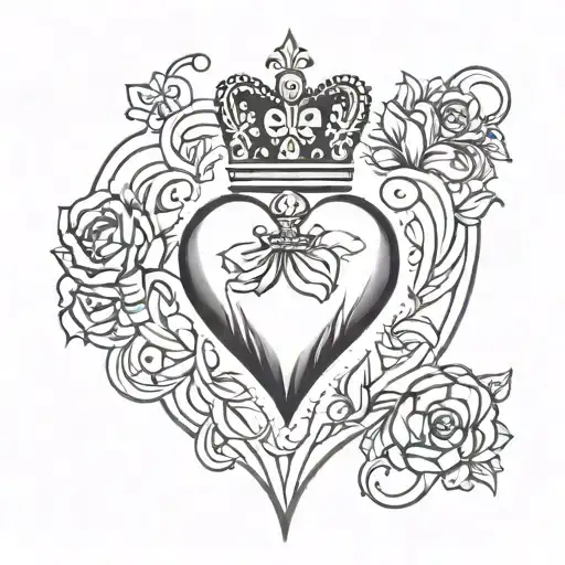 A delicate sacred heart tattoo with a crown type shape at the top. Around the edges of the heart creat semi circle arche tattoo design idea