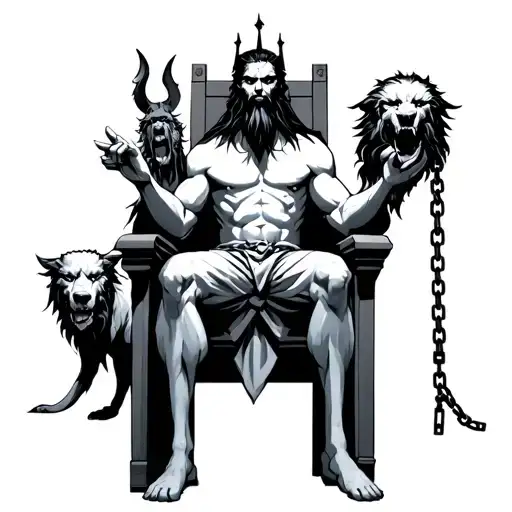 hades sitting on his throne, with one hand holding his bident and the other hand holding the chain in which cerberus is  tattoo design idea