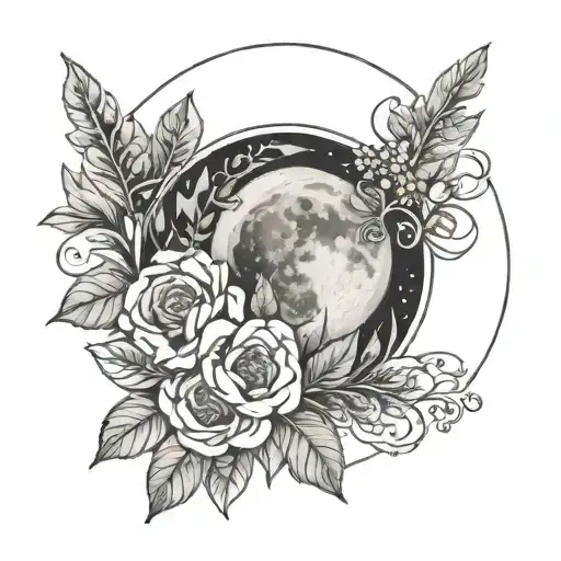 Flowers with foliage and a moon in the center tattoo design idea