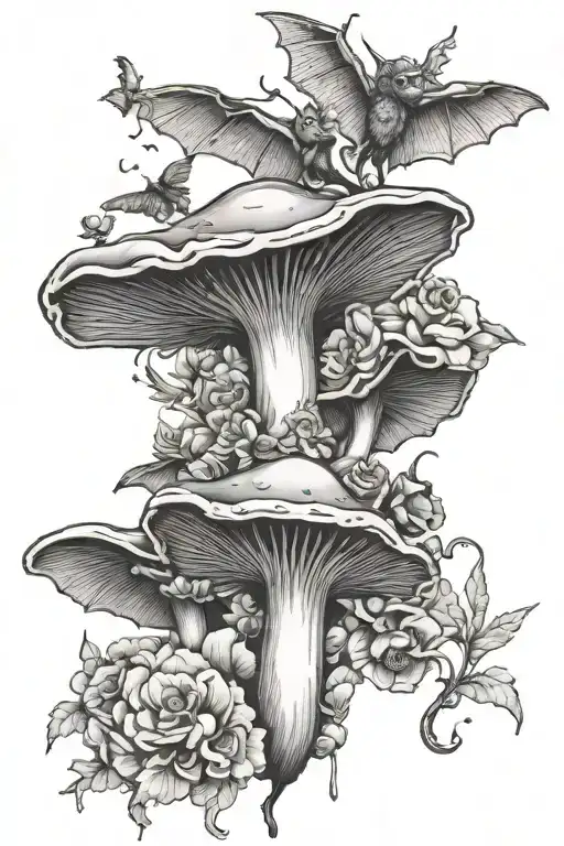 flowers mushrooms bats flying tattoo design idea