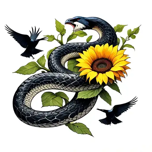 snake with a sunflower and ravens flying tattoo design idea