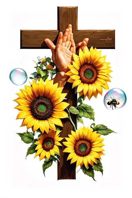 cross behind praying hands two sunflowers & a Bubble bee tattoo design idea