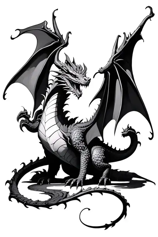 Mystical garden with dragon guardians in black-grey style tattoo design idea