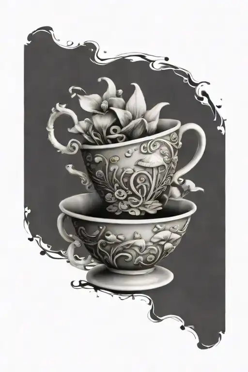 tea cup with magical mushrooms inspired by the Mad Hatter's hat tattoo design idea