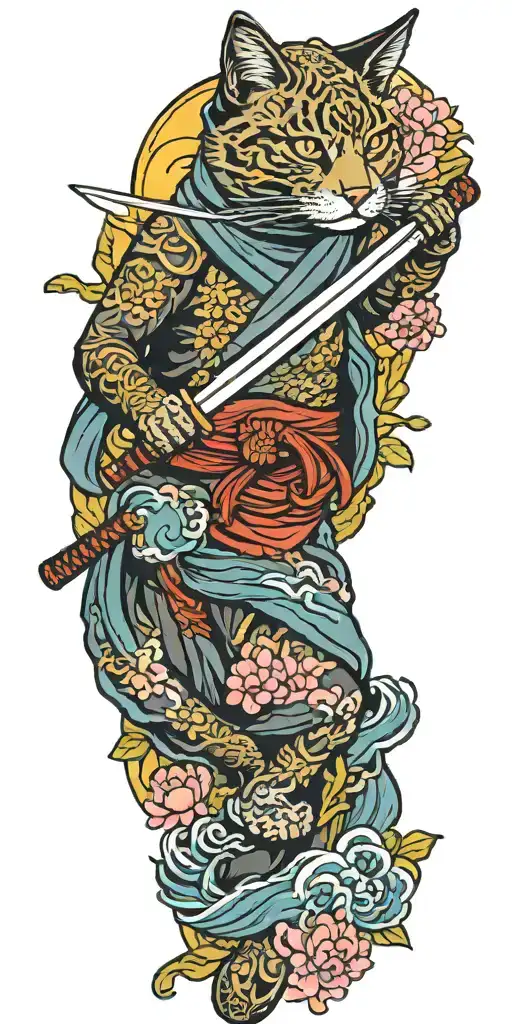 ninja cat holding katana, tail, water, waves, lotus, sakura, clouds, whirlpool, leaves, peony, sunset tattoo design idea