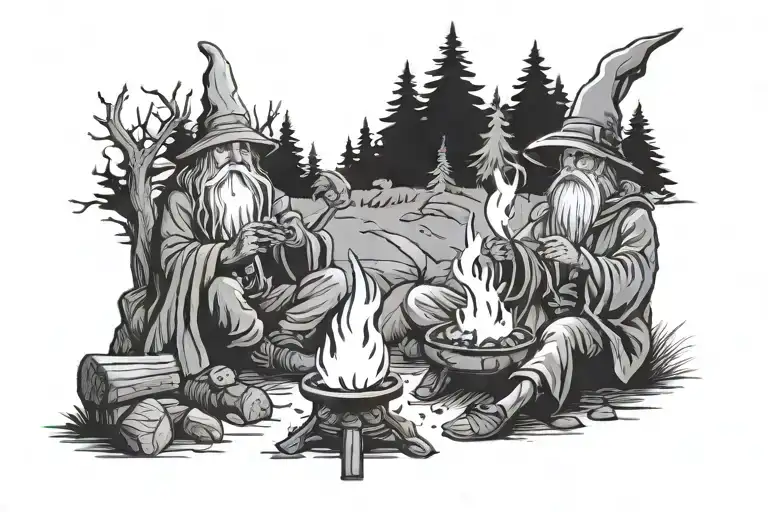 Wizard next to a camp fire tattoo design idea