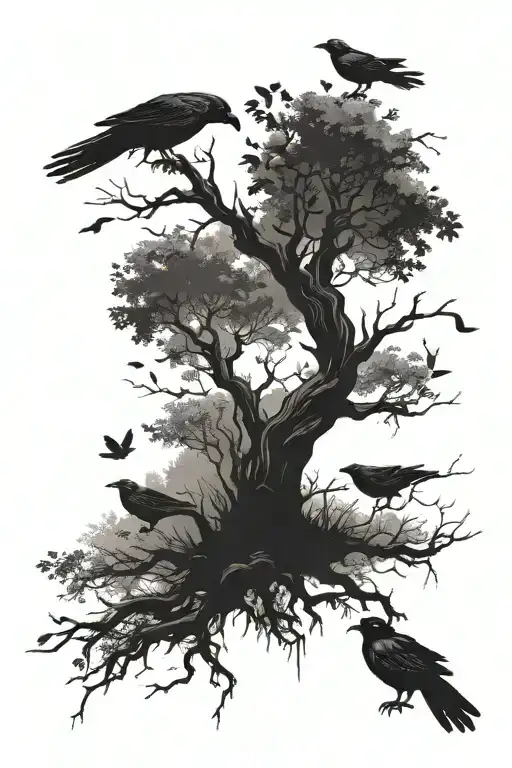 poison tree with crows flying tattoo design idea