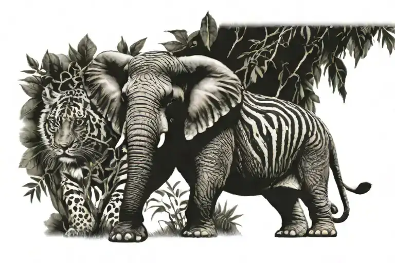 tigar, elephant, laurel tree branches tattoo design idea