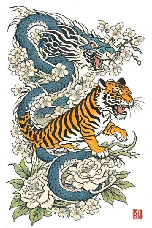 dragon and tiger fighting with flowers tattoo design idea