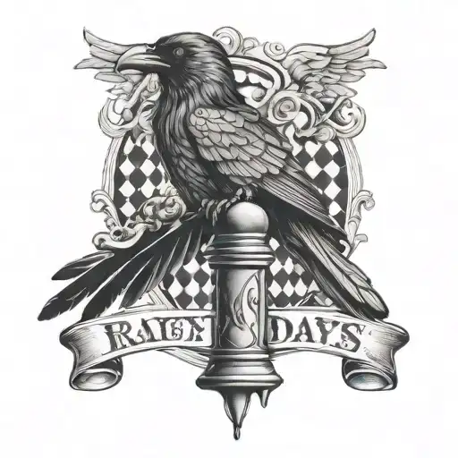Raven wings, Queen chess piece, lighter, quotes: we love rainy days don’t we baby, pup, mon tresor tattoo design idea