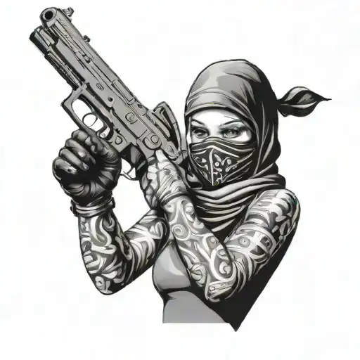 girl wearing a balaclava holding a gun and money tattoo design idea