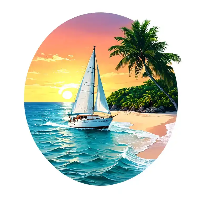 "Monica" "Monica" "Monica" "Monica"  "Monica" foreground white sailboat sailing away towards sunrise sky, ocean, island with palm, beach, no border tattoo design idea