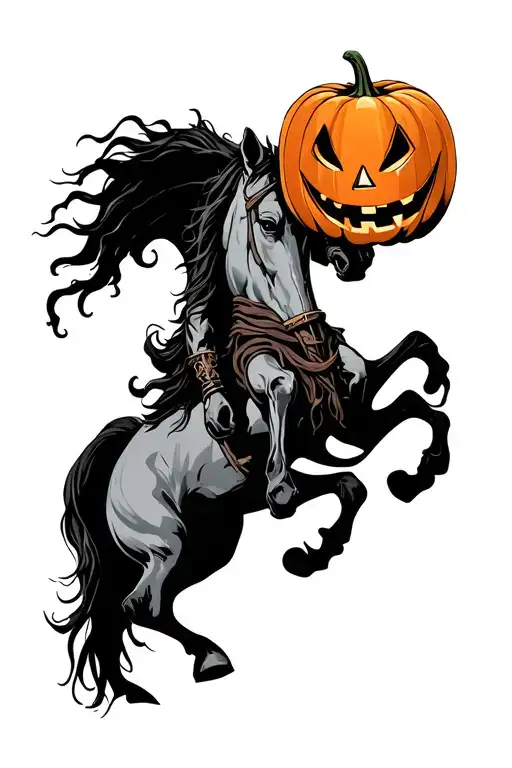 headless horseman standing with pumpkin head tattoo design idea