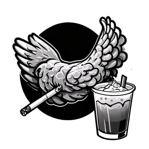 Cartoon Chicken wing, smoking cigarette drinking frozen mango daquiri tattoo design idea