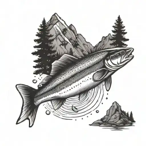 A tattoo design of a family of buffalo bills fans hiking in the mountains with a rainbow trout jumping out of a stream tattoo design idea