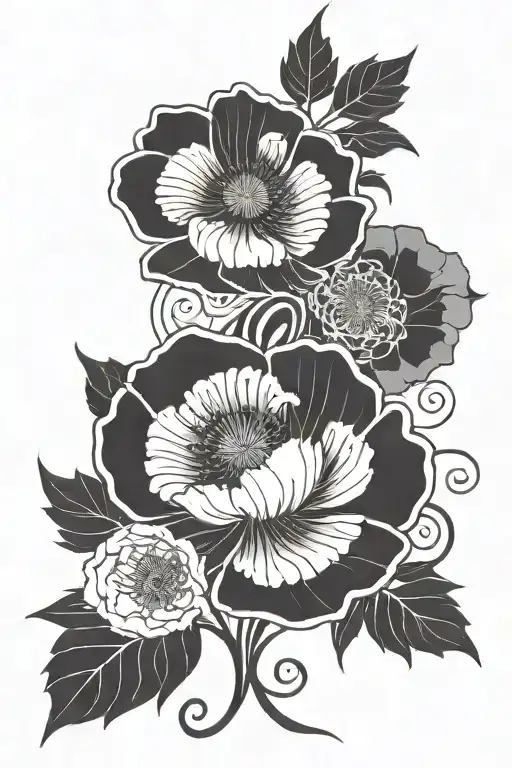 art deco ornamental poppy blooming, surrounded by ornamental art deco vines and more art deco elements  tattoo design idea