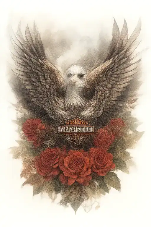 Harley Davidson emblem, eagle wings, roses tattoo design idea