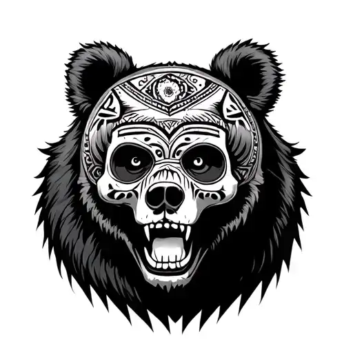 Mexican Aztec with sugar skull and vicious bear tattoo design idea
