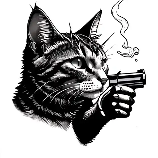 Side profile of cat with liberty spikes smoking a joint while holding a gun tattoo design idea