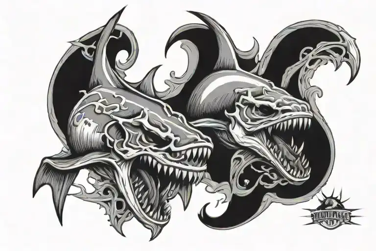 western bull skull fighting shark emerging tattoo design idea