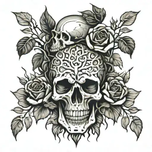 tree of life and skull and roses tattoo design idea