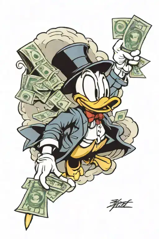 A full-sleeve tattoo with swirling clouds, a mafia-style Donald Duck holding cash, the Eye of Providence, Japanese eleme tattoo design idea