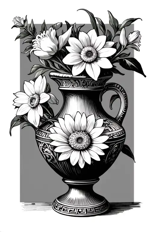 Greek vase with an aster flower and a narcis flower tattoo design idea