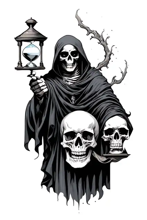 the grim reaper pulling the soul from a skull while holding an hourglass tattoo design idea