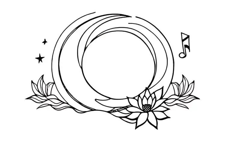 Phases of the moon with music note, lotus flower, ocean waves, two small stars and Taurus symbol incorporated. tattoo design idea