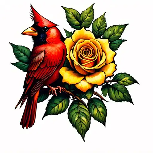 cardinal perched on yellow rose tattoo design idea