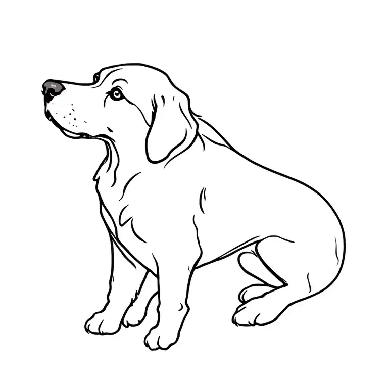 Fine line tattoo design of a golden retriever, minimalist, delicate, whimsical, black ink tattoo design idea