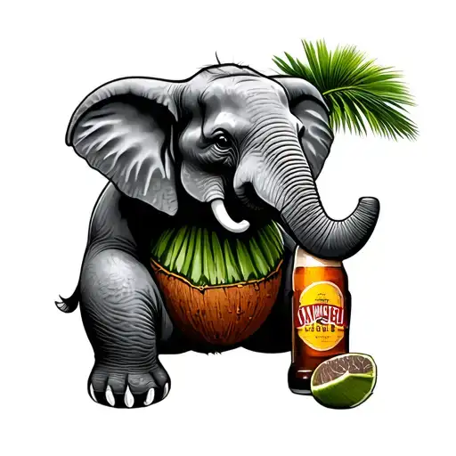 elephant sitting wearing a coconut bra with its trunk up skulling a san miguel light beer tattoo design idea