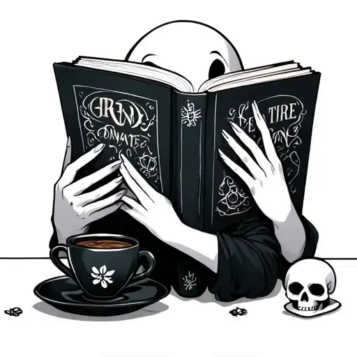 sweet little feminkghost holding a dark romance book. a little cup of coffee nearby and a sweet little skull  tattoo design idea