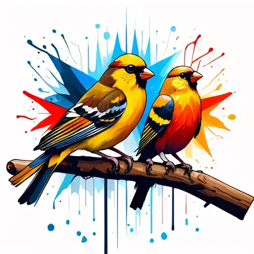 a gloster canary and a Norwich canary standing on a perch with splaches of red and blue colours tattoo design idea