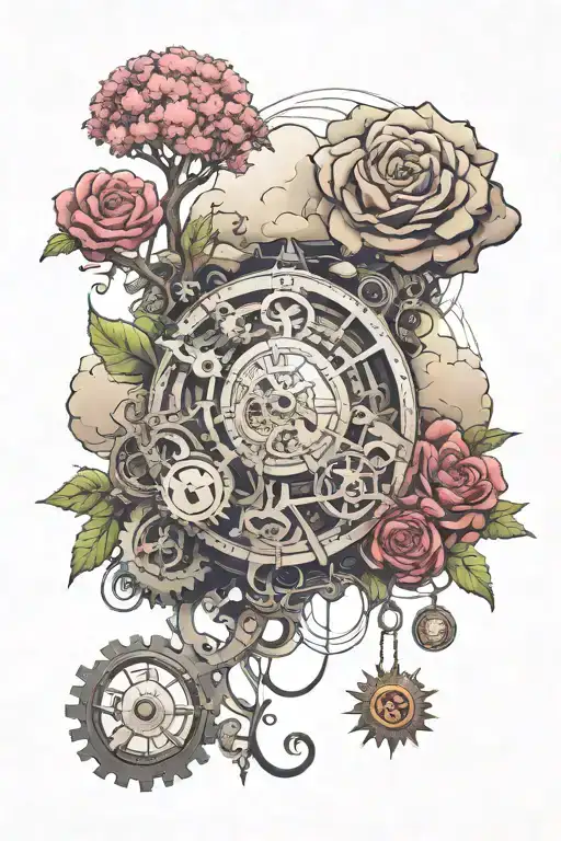 Arcane VI Gears and Arcane Jinx Clouds, with a touch of nature, slender tattoo design idea