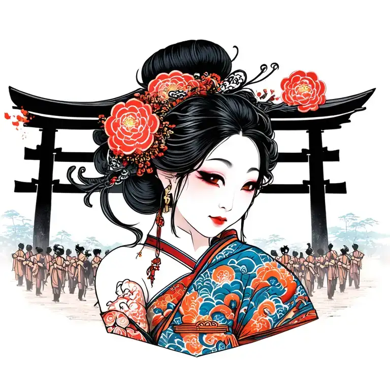 traditional japanese yokai parade back tattoo with a big tori gate in the background with futakuchi-onna tattoo design idea