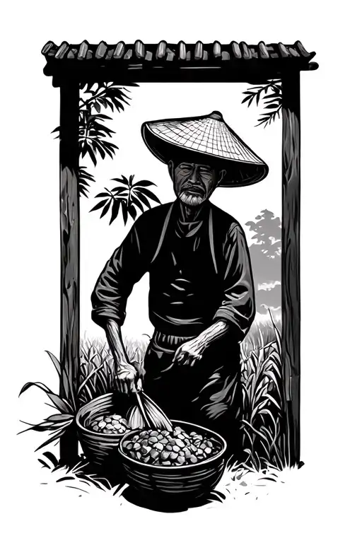older Chinese farmer working in the field with his face hidden by his hat tattoo design idea
