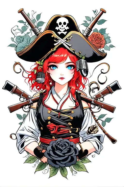 one girl with blue eyes has red hair and she is pirates with muskets black roses and a microphone and a fishing pole tattoo design idea