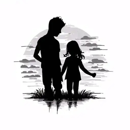 dad, daughter,  and son silhouette tattoo design idea