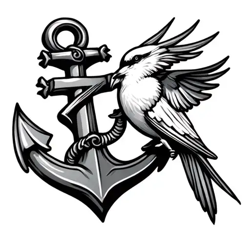anchor with 1 bird and number 19 tattoo design idea
