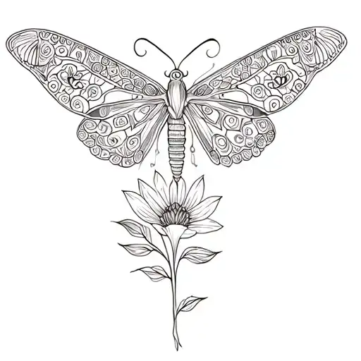 Moth flowers mandala belly tattoo design idea